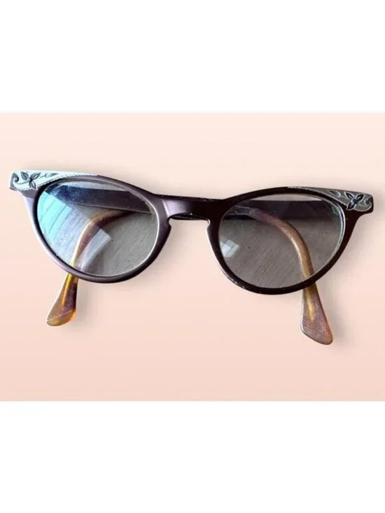 Vintage 1950s Art-Craft Aluminum Cat Eye Glasses – Frames with Floral Inlay - Picture 1 of 10